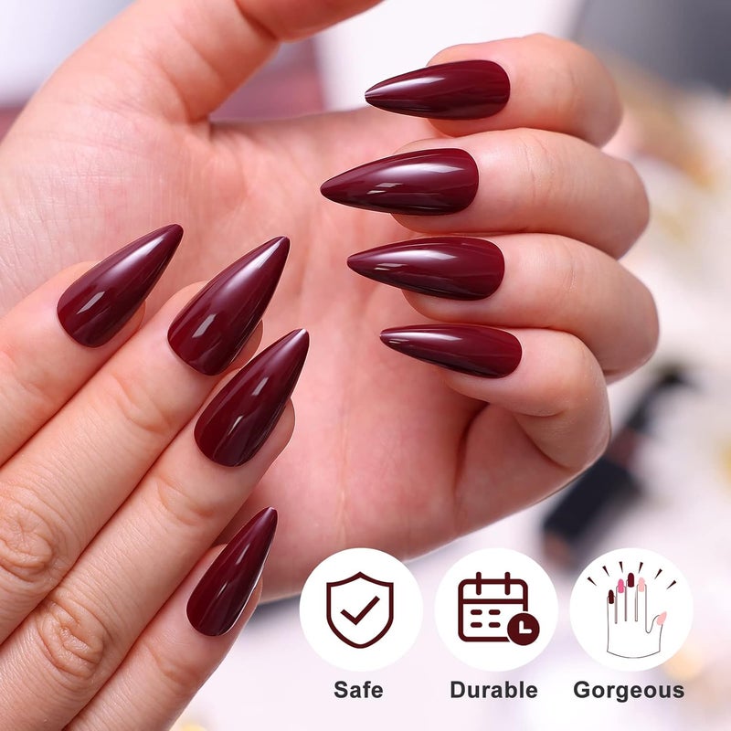 morily 24Pcs Wine Red Press on Nails Medium Length Stiletto False Nails Long Fake nails Glossy Acrylic Stick on Nails Solid Color Almond Full Cover Artificial Nails for Women (Wine Red) - Image 5